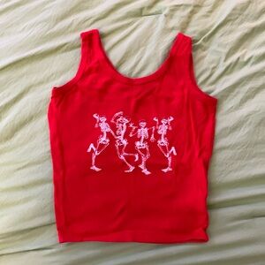 Red cropped tank top with dancing skeletons